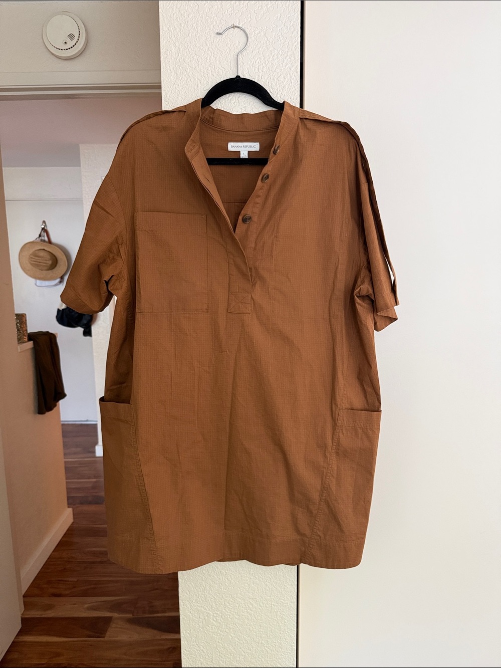 Brown Short-Sleeve Dress with Patch Pockets
